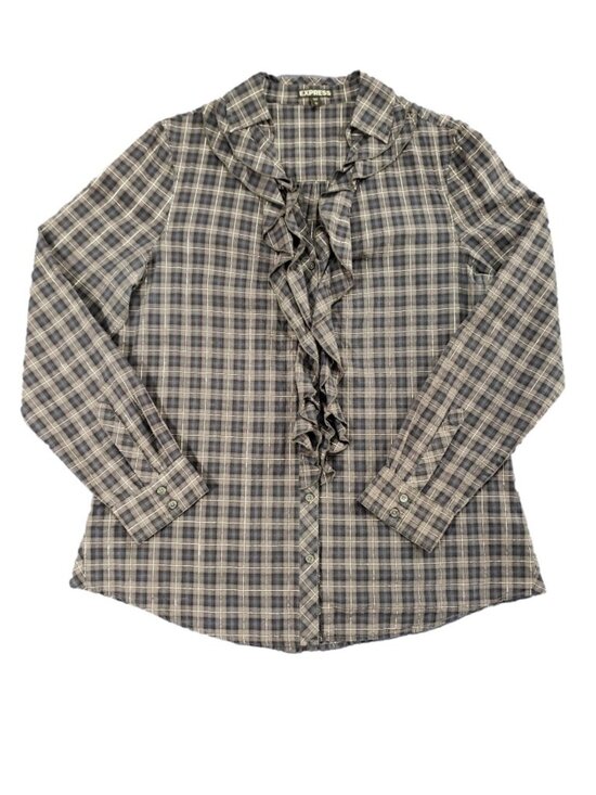 Express Tops - Express Plaid Ruffle Blouse Size L Preppy Workwear Button Front Top